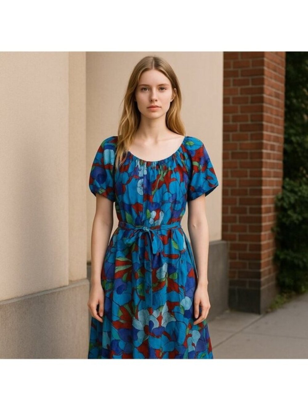Maggy London Blue Floral Midi Dress Short Sleeves Cotton Blend US 12 - Picture 2 of 11